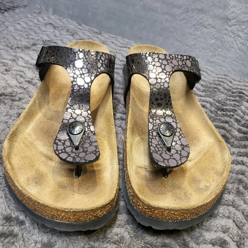 Birkenstock Gizeh Sandals Womens Size 9 Brown Faux Leather Thong Cork Footbed